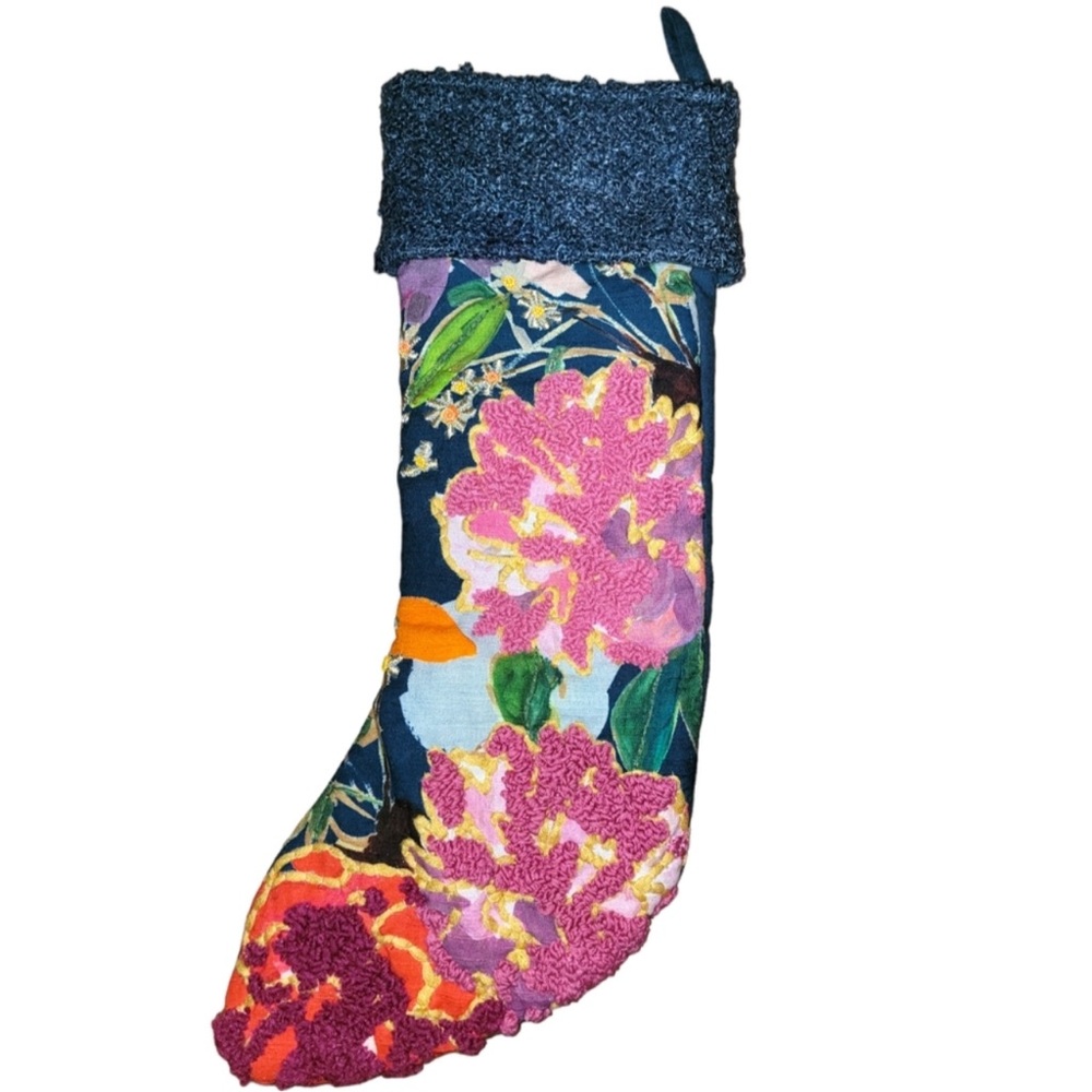Anthropologie x Nori Floral Embroidered Navy Christmas Stocking - Picture 2 of 8